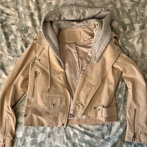 Blank NYC Beige Pink Leather Jacket with Gray Hood